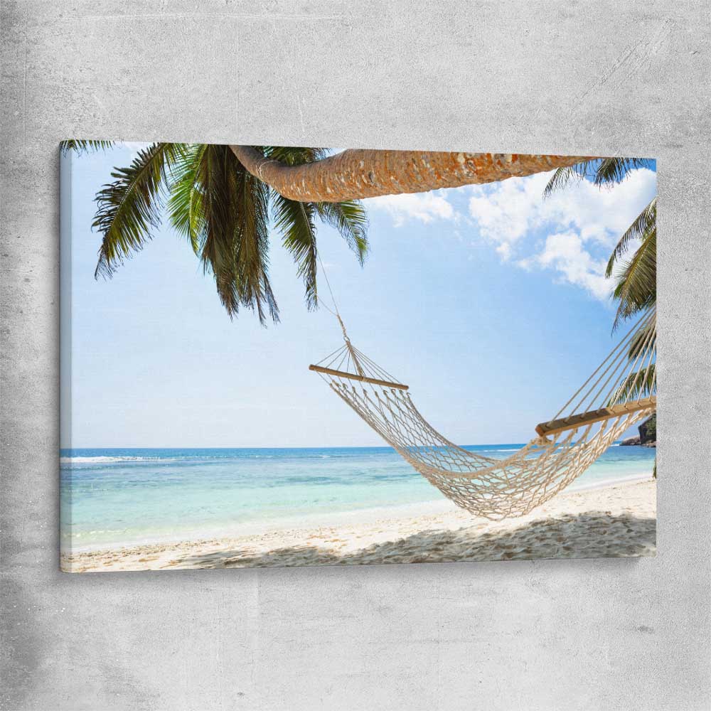 Beach and coastal wall art print of Seychelles Hammock on a stretched canvas