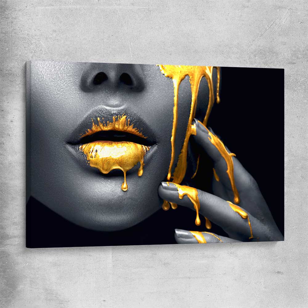 Golden Desire stretched canvas - part of our high quality canvas lips wall art collection