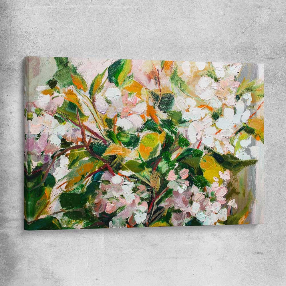 Floral print of Green Blossom on a stretched canvas