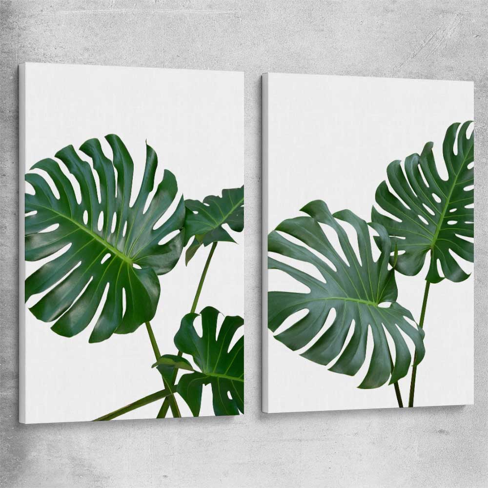 Floral print of Monstera Leaf Pair on a stretched canvas