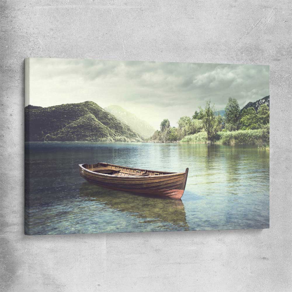 Floral print of Tranquil Wooden Boat on a stretched canvas