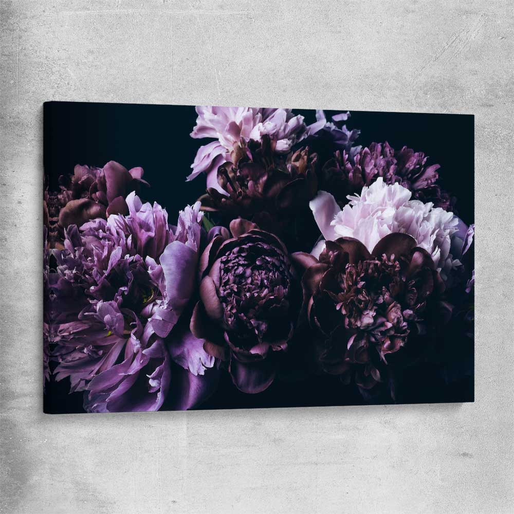 Floral print of Violet Peonies on a stretched canvas