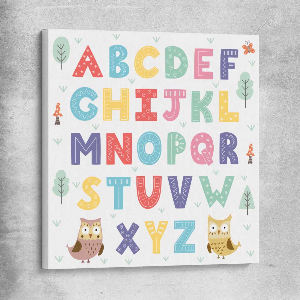 Alphabet Colours stretched canvas is a nursery canvas wall art and print suited for childrens nursery area