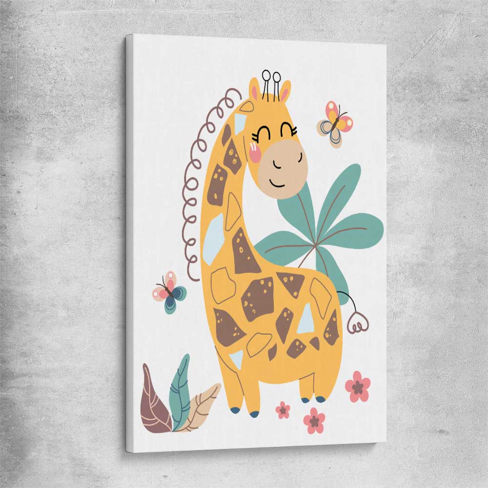Cheerful Giraffe stretched canvas is a nursery canvas wall art and print suited for childrens nursery area