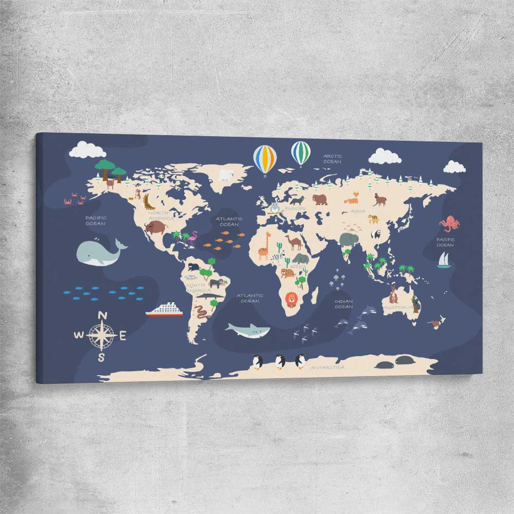 Discovery Map stretched canvas is a nursery canvas wall art and print suited for childrens nursery area