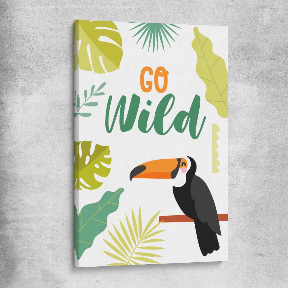 Go Wild stretched canvas is a nursery canvas wall art and print suited for childrens nursery area