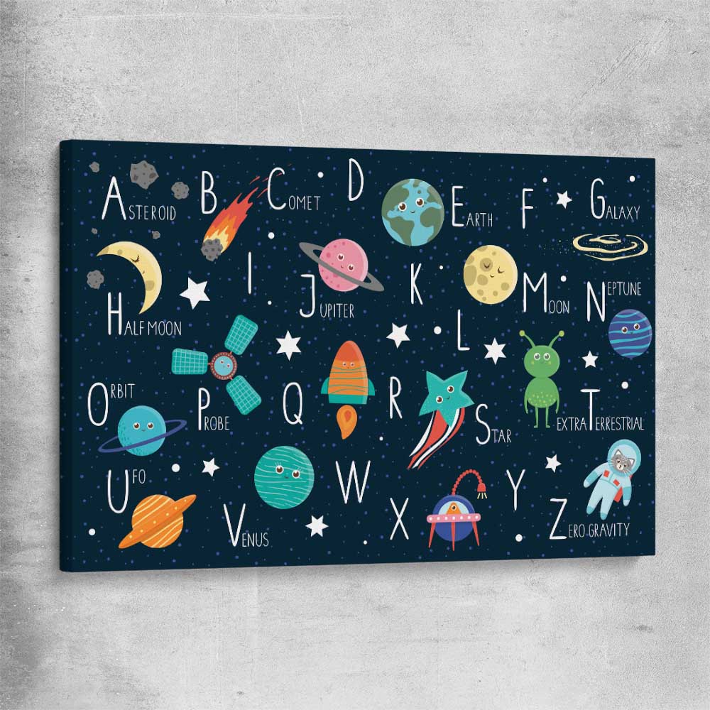 Space Alphabet stretched canvas is a nursery canvas wall art and print suited for childrens nursery area