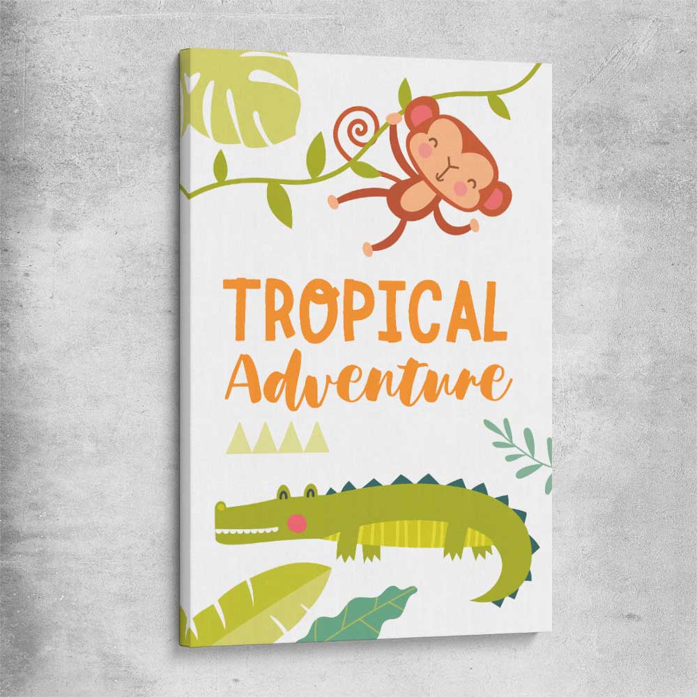 Tropical Adventure stretched canvas is a nursery canvas wall art and print suited for childrens nursery area