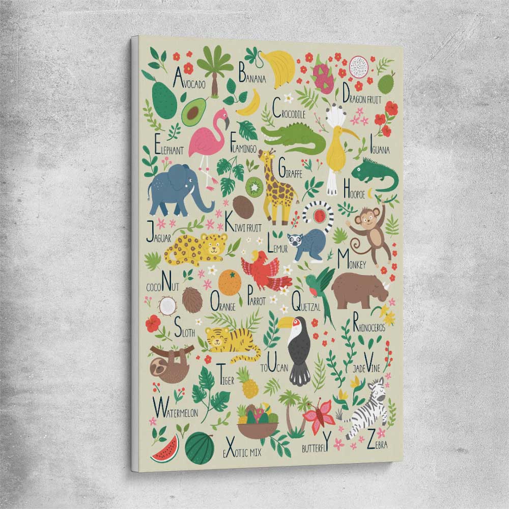 Tropical Alphabet Light stretched canvas is a nursery canvas wall art and print suited for childrens nursery area