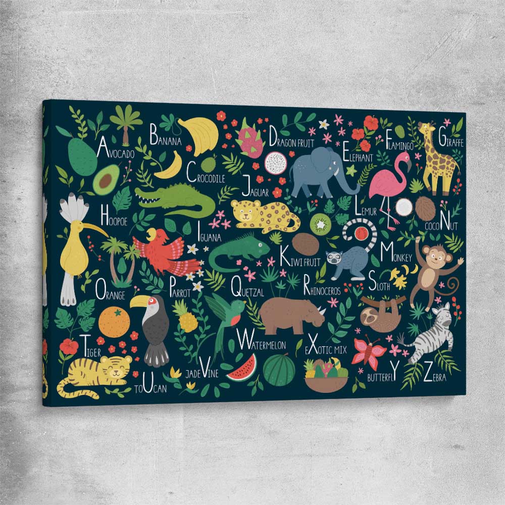 Tropical Alphabet stretched canvas is a nursery canvas wall art and print suited for childrens nursery area