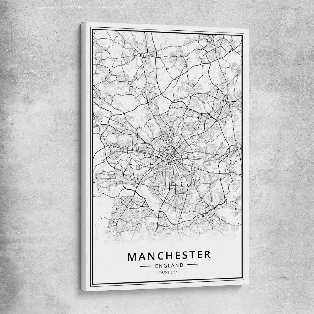Greater Manchester stretched canvas is a high quality print in our city skyline, travel prints and maps collection