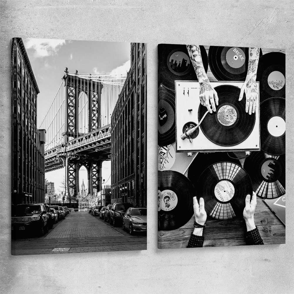 Manhattan Bridge Pair stretched canvas is a high quality print in our city skyline, travel prints and maps collection