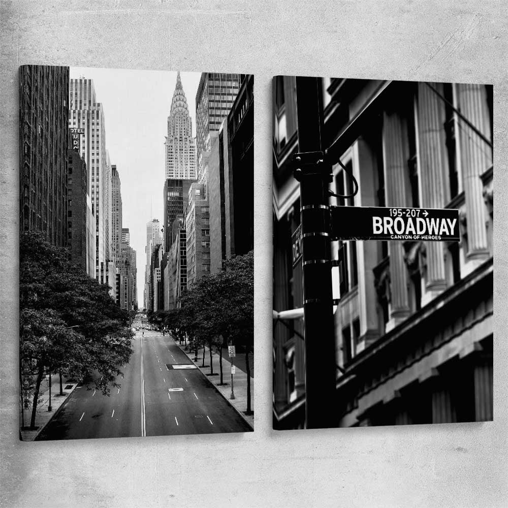 Manhattan Street Pair stretched canvas is a high quality print in our city skyline, travel prints and maps collection