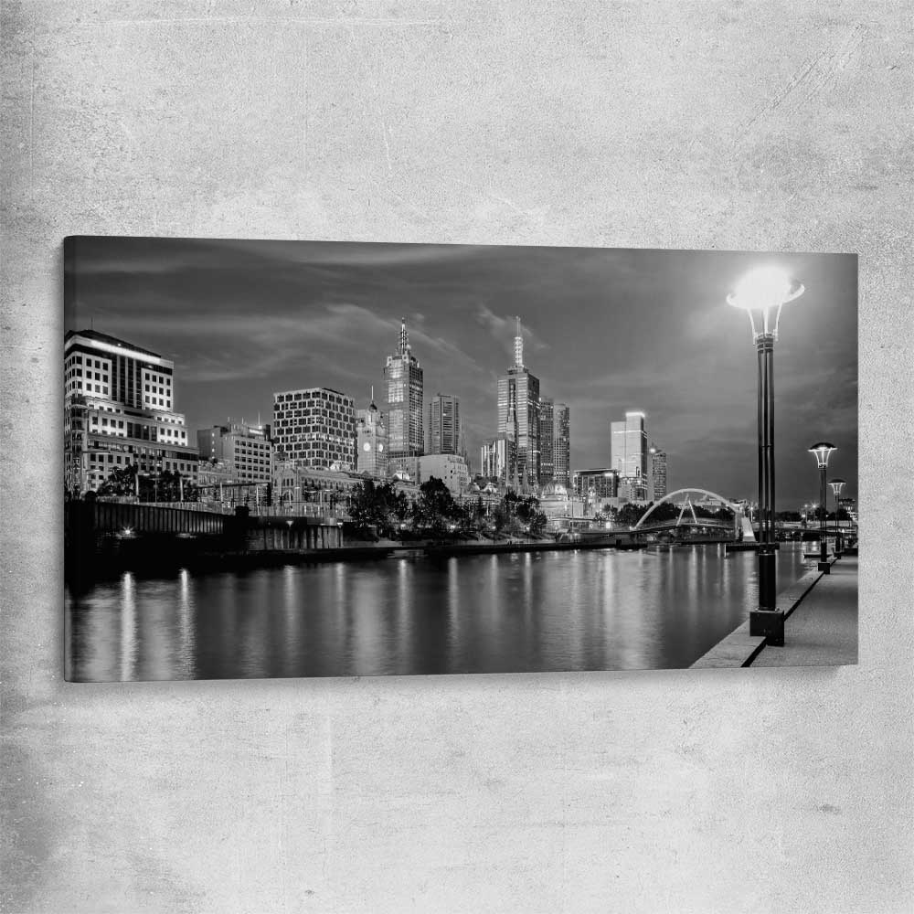 Melbourne Skyline stretched canvas is a high quality print in our city skyline, travel prints and maps collection