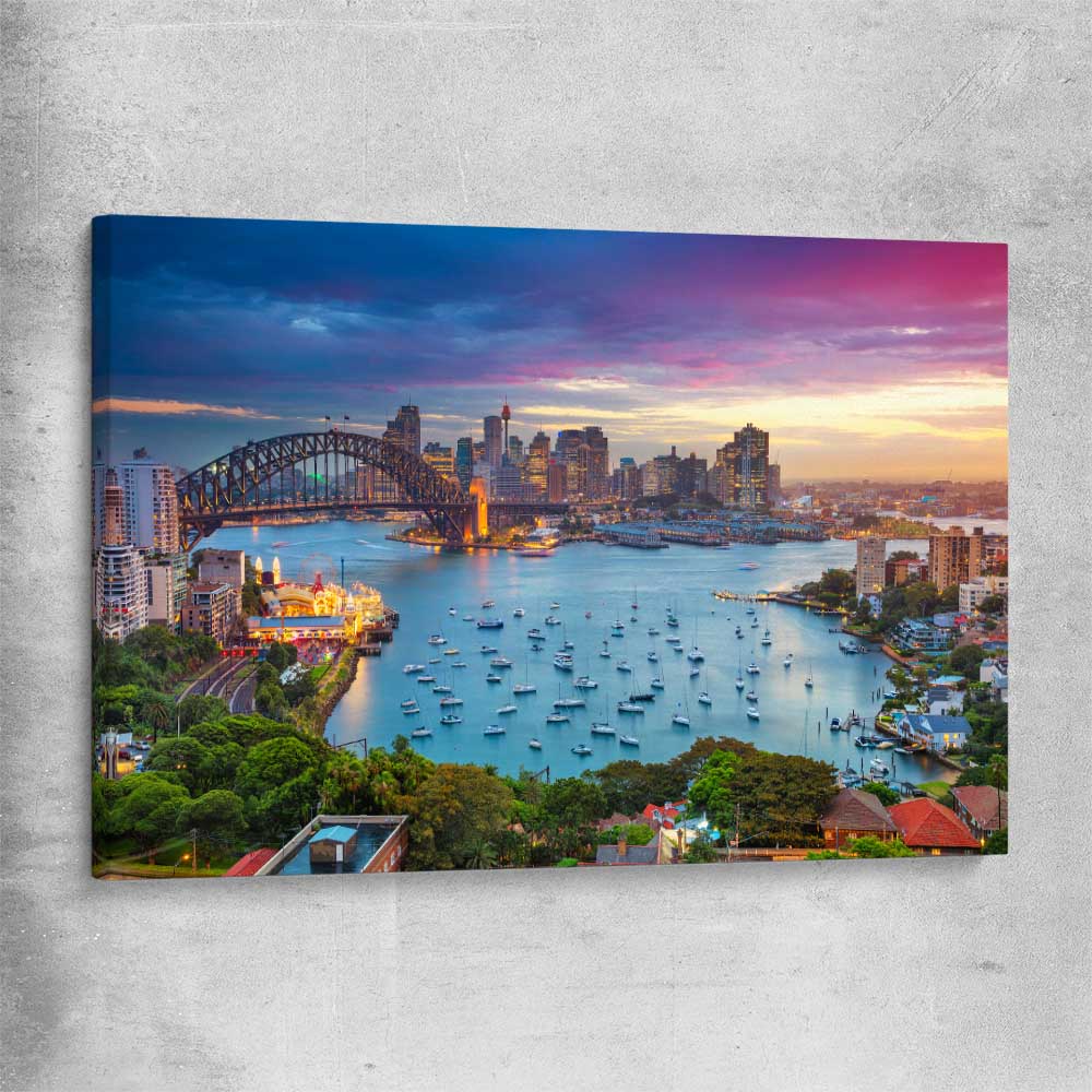 Sydney Sunset stretched canvas is a high quality print in our city skyline, travel prints and maps collection
