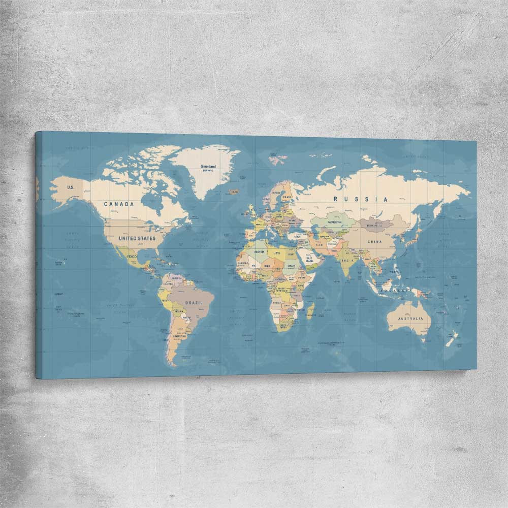 World Map stretched canvas is a high quality print in our city skyline, travel prints and maps collection