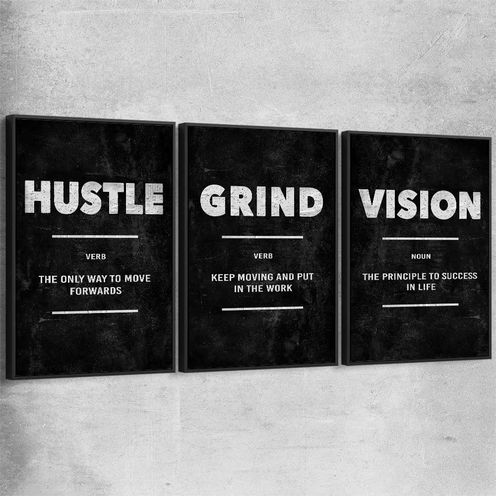 Inspirational wall art print of Hustle Definition Set with black framed canvas