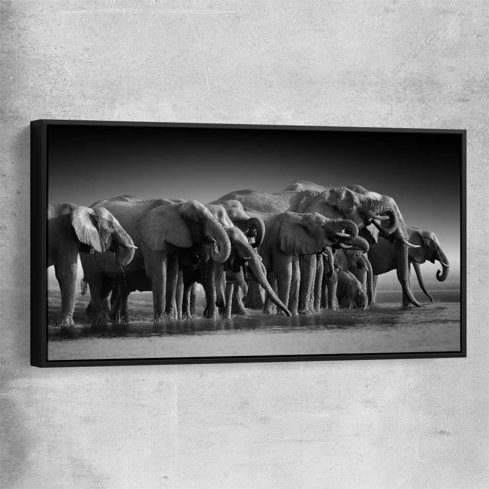 Animal wall art and canvas prints of Elephant Herd with black framed canvas
