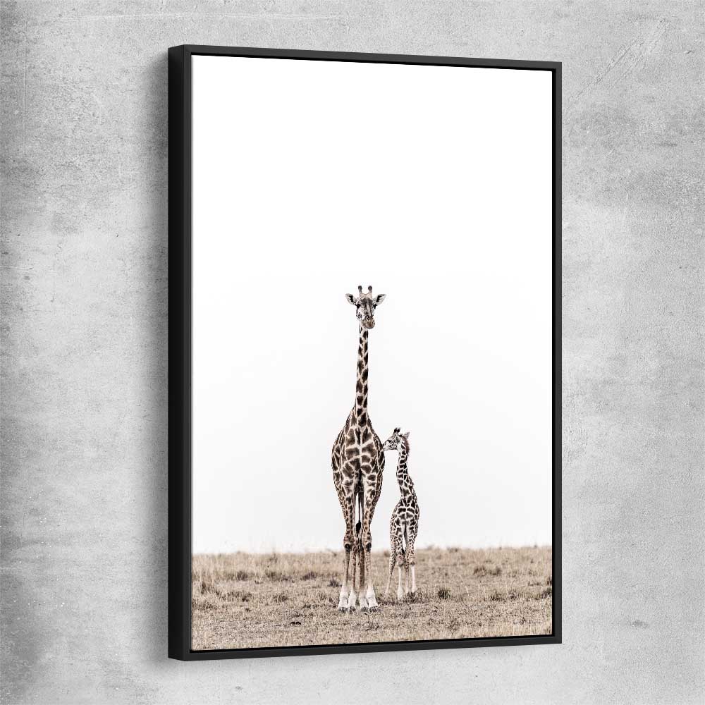 Animal wall art and canvas prints of Giraffe Affection with black framed canvas