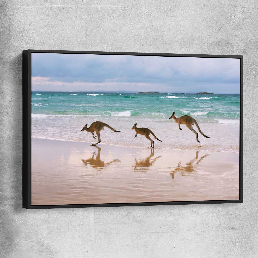 Animal wall art and canvas prints of Kangaroo Family with black framed canvas