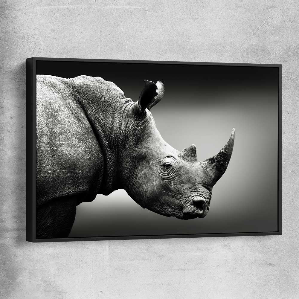 Animal wall art and canvas prints of Monochrome Rhinoceros with black framed canvas