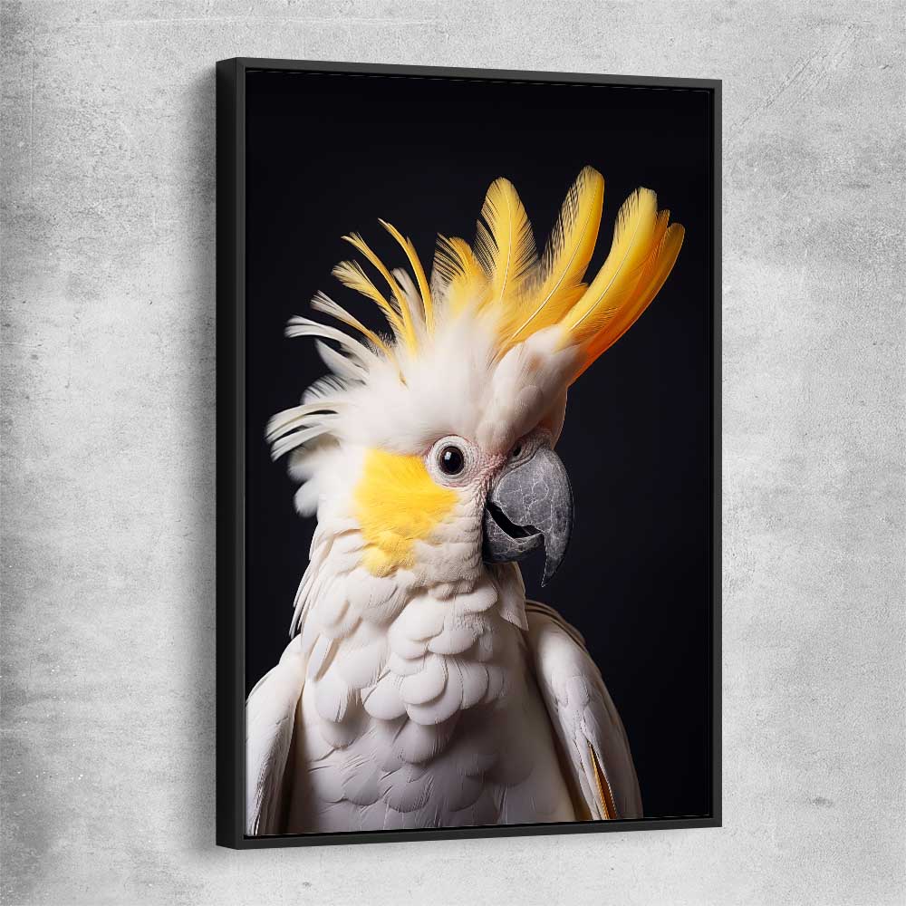 Animal wall art and canvas prints of Yellow Cockatoo One with black framed canvas