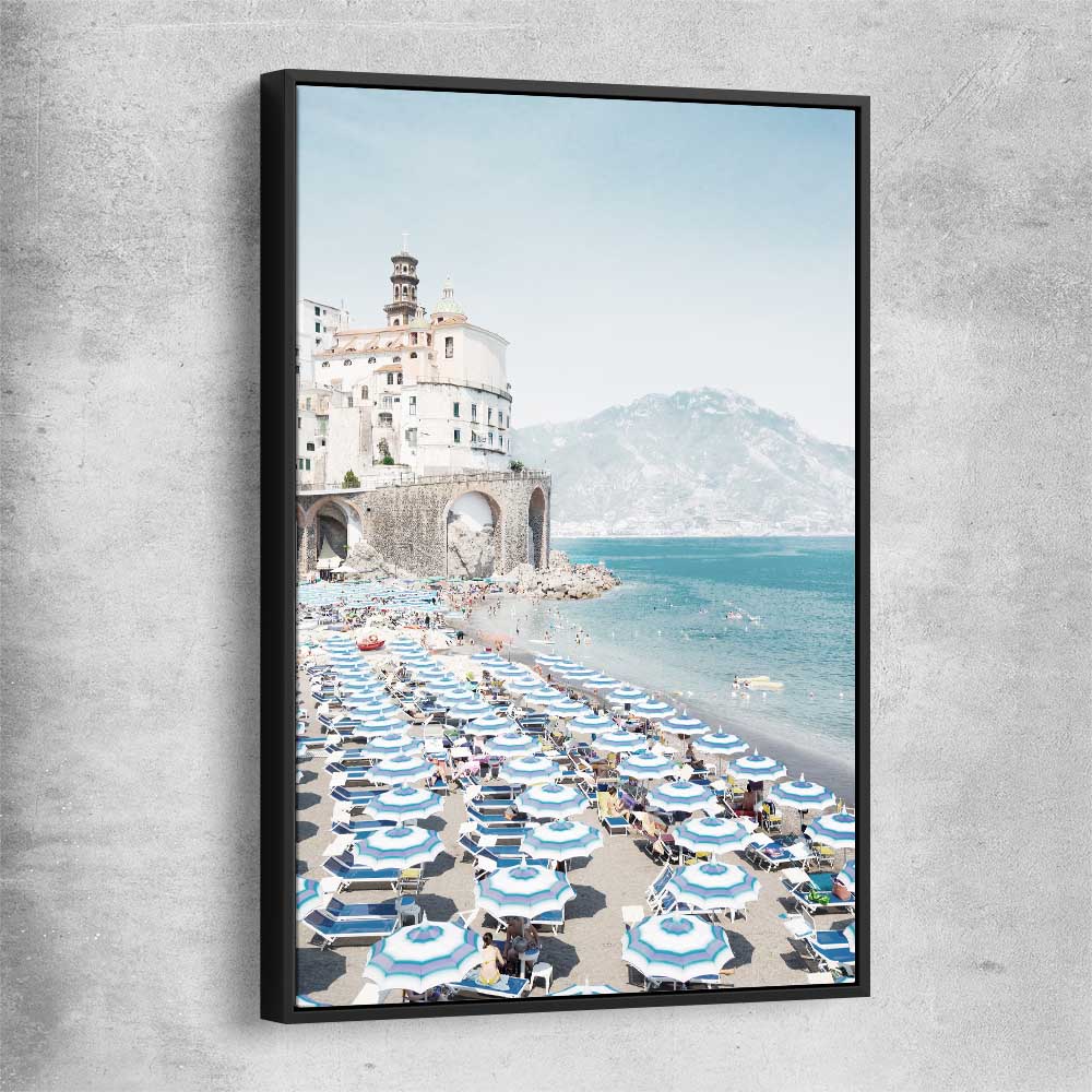 Beach and coastal wall art print of Amalfi Coast with black framed canvas