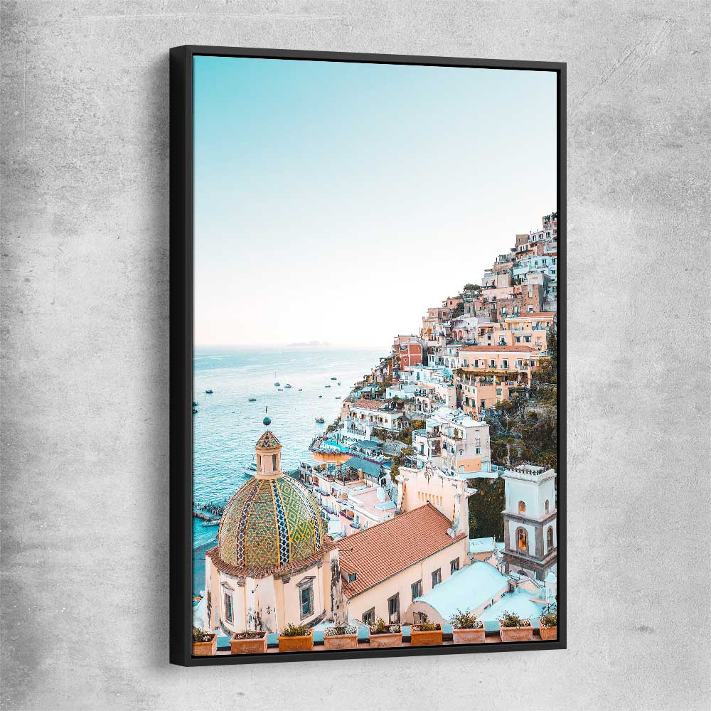 Beach and coastal wall art print of Amalfi View with black framed canvas