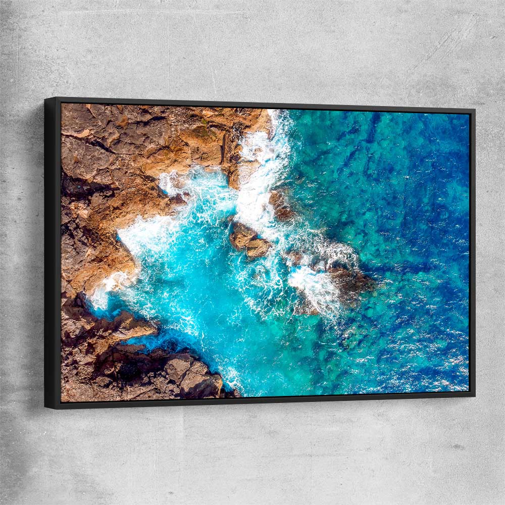 Beach and coastal wall art print of Azure Blue Sea with black framed canvas