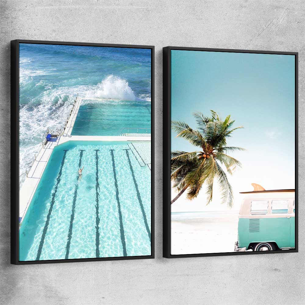 Beach and coastal wall art print of Bondi Iceberg Pair with black framed canvas