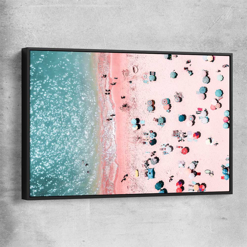 Beach and coastal wall art print of Bondi Pink Aerial with black framed canvas