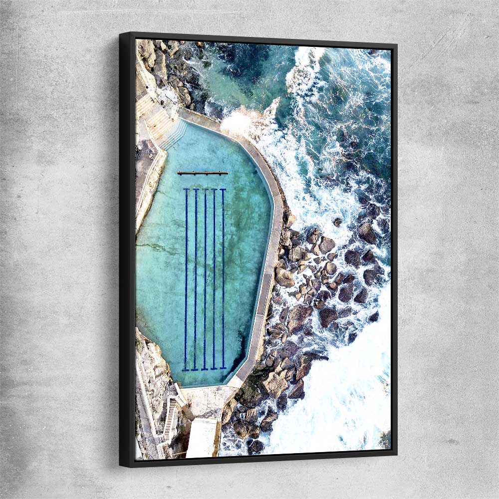Beach and coastal wall art print of Bronte Rock Pool with black framed canvas