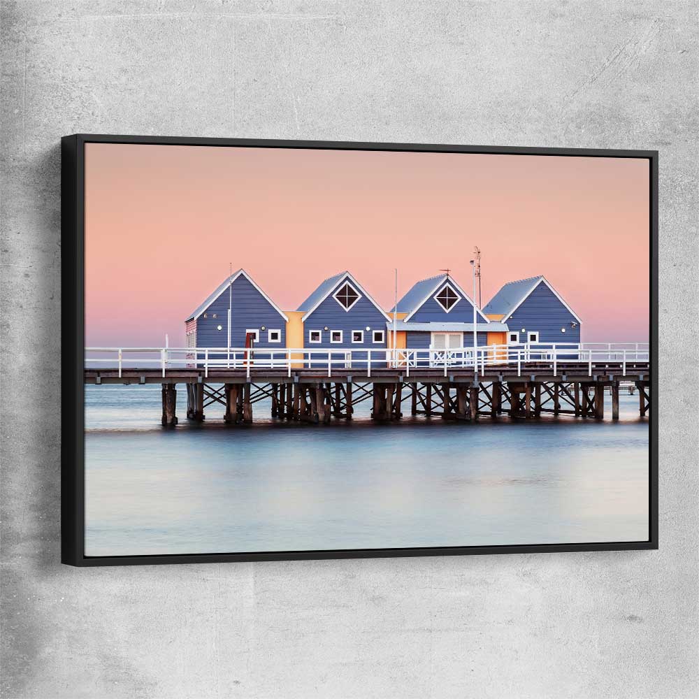 Beach and coastal wall art print of Busselton Jetty with black framed canvas