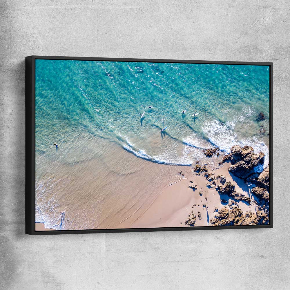 Beach and coastal wall art print of Byron Bay Rocks with black framed canvas
