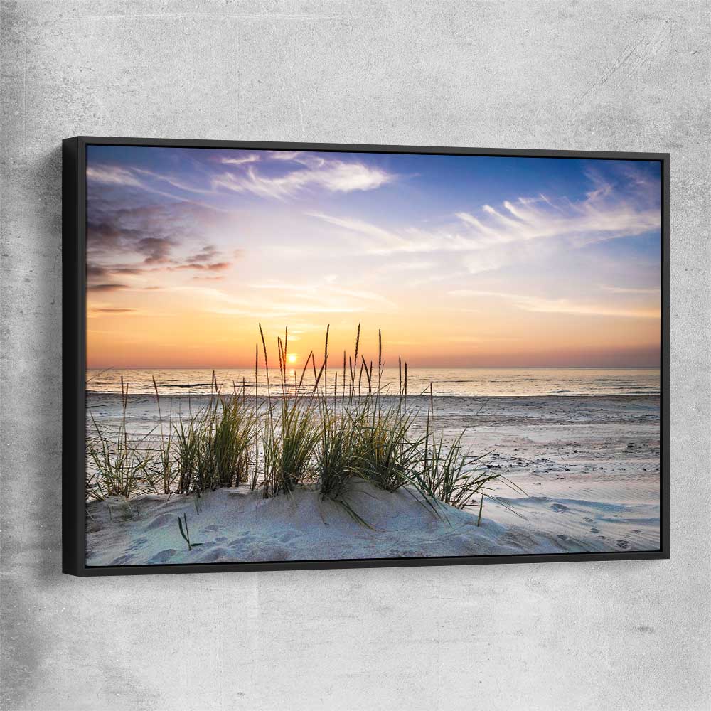 Beach and coastal wall art print of Calming Sunset with black framed canvas