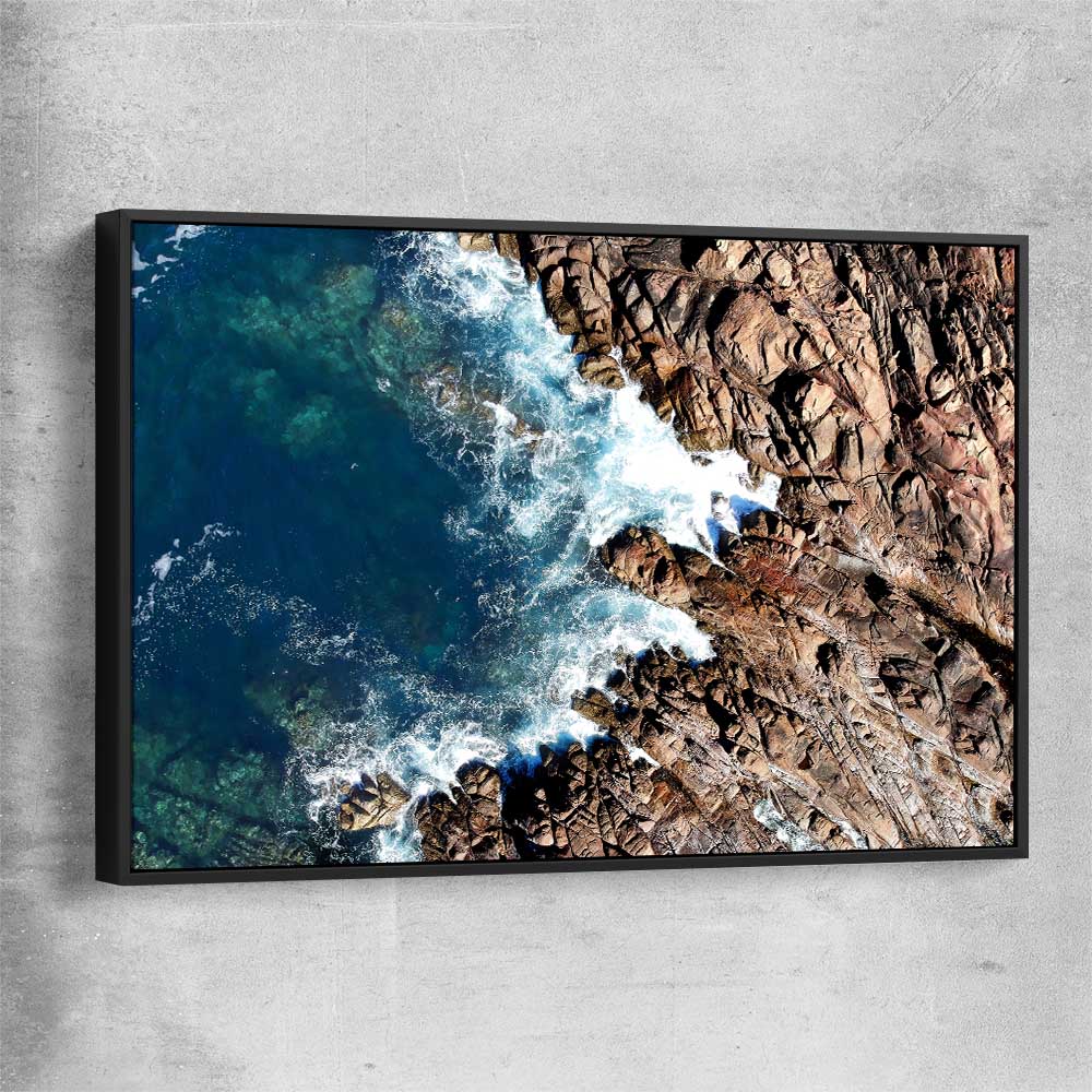 Beach and coastal wall art print of Canal Rocks One with black framed canvas