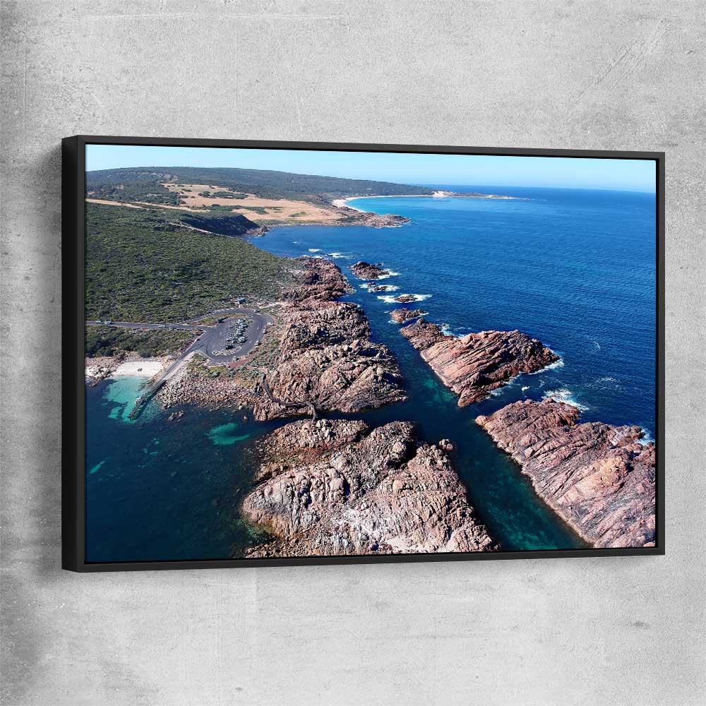 Beach and coastal wall art print of Canal Rocks Two with black framed canvas