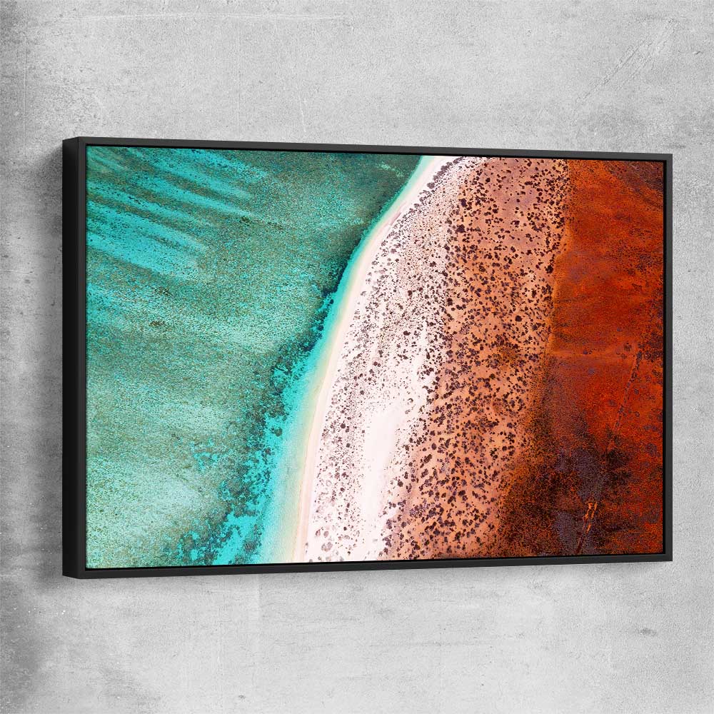 Beach and coastal wall art print of Cape Range Aerial with black framed canvas