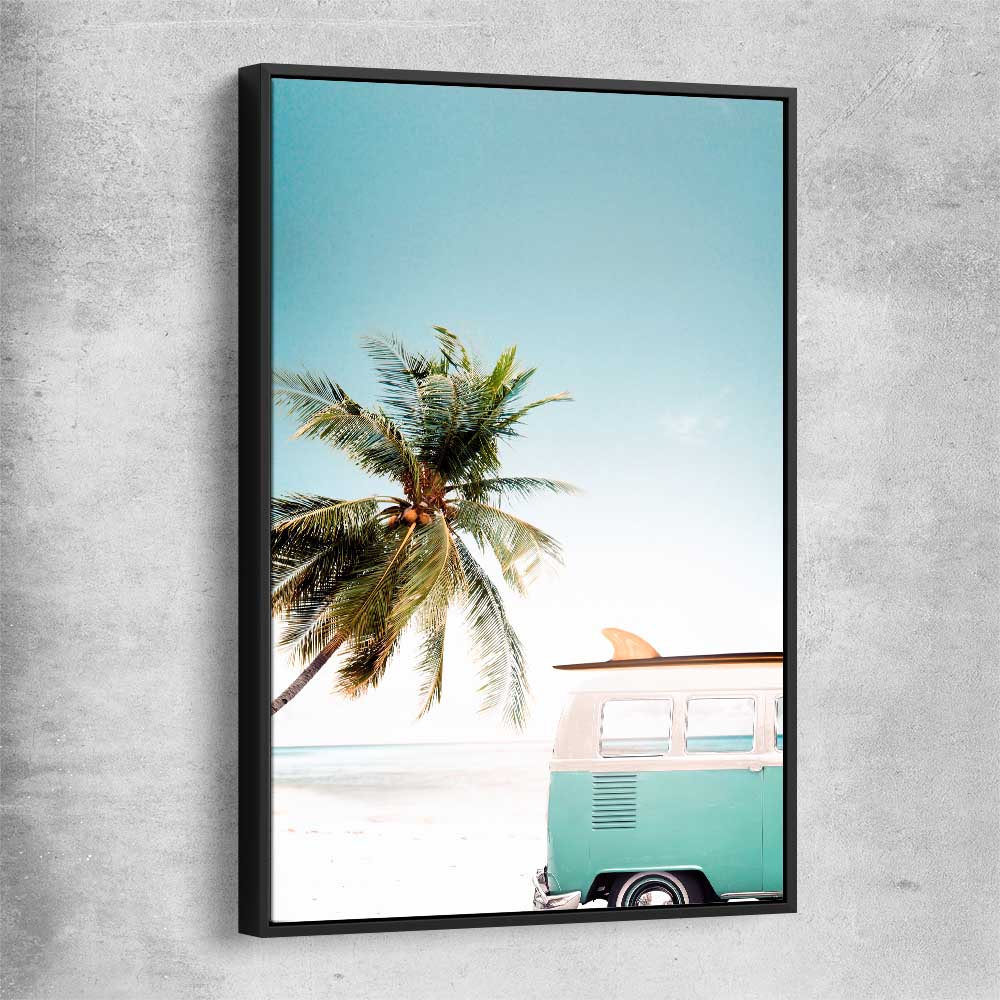 Beach and coastal wall art print of Combi Van Beach with black framed canvas