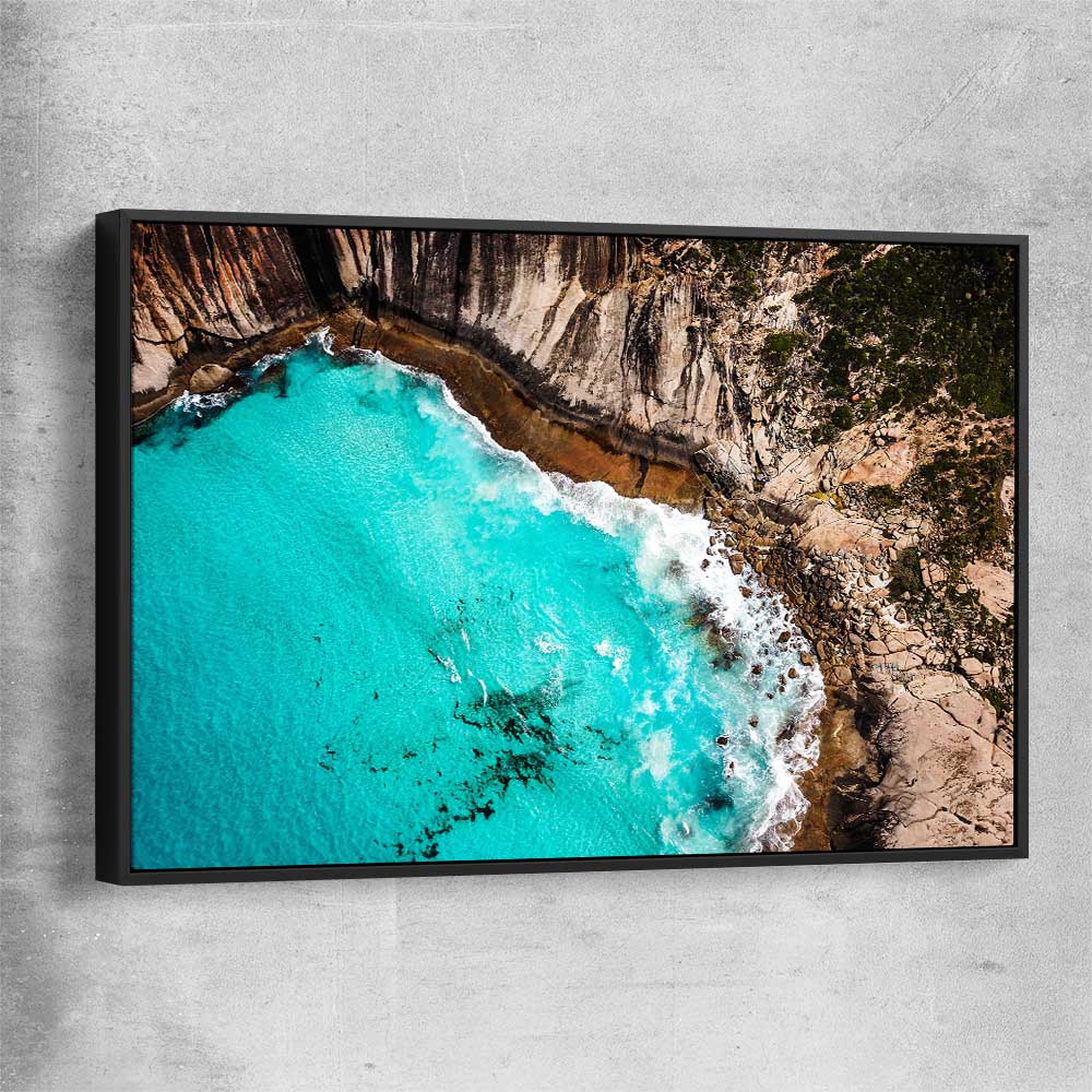 Beach and coastal wall art print of Crystal Clear Tides with black framed canvas