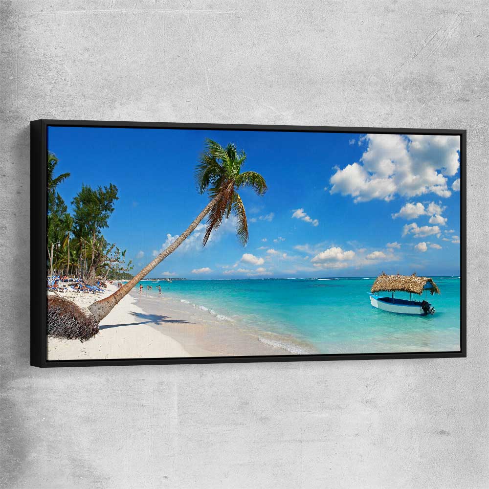 Beach and coastal wall art print of Dominican Republic Beach with black framed canvas