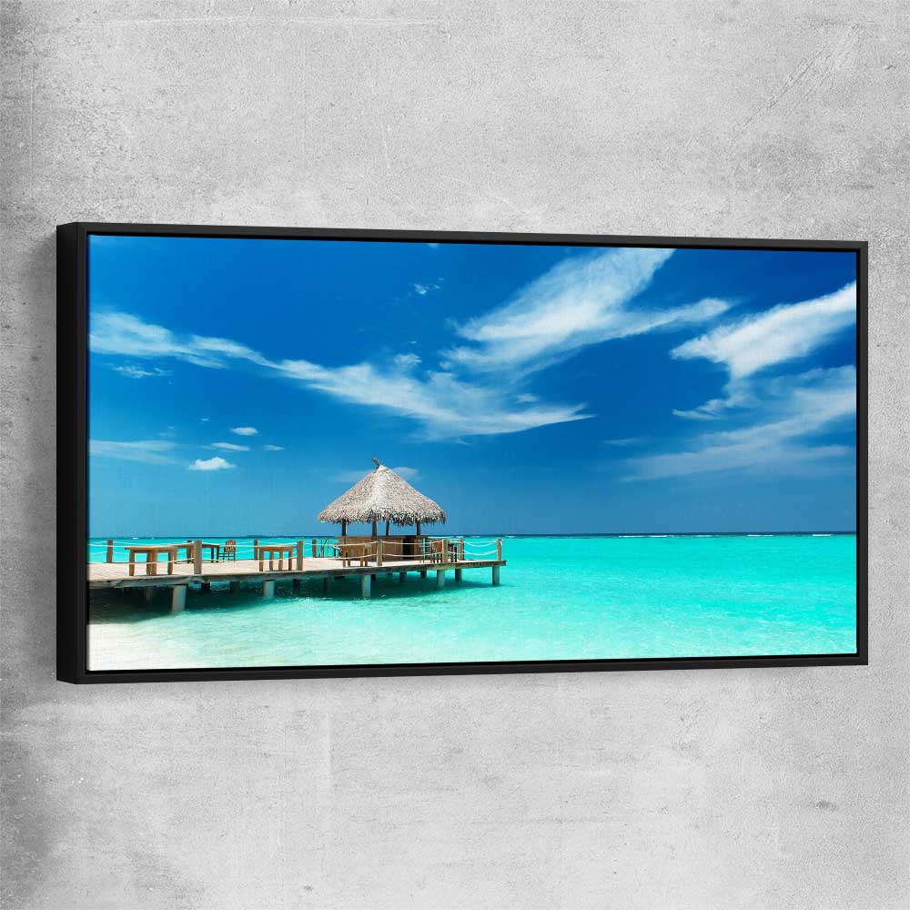 Beach and coastal wall art print of Exotic Beach Bar with black framed canvas