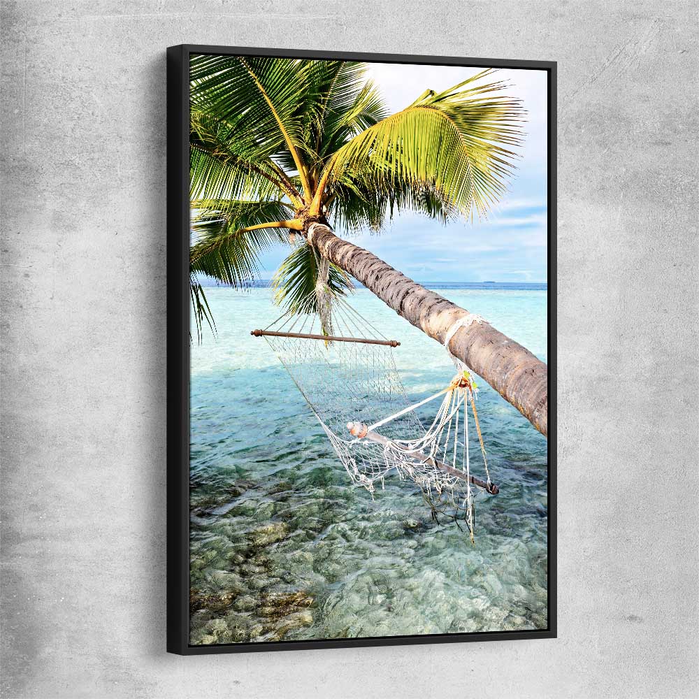 Beach and coastal wall art print of Maldives Hammock with black framed canvas