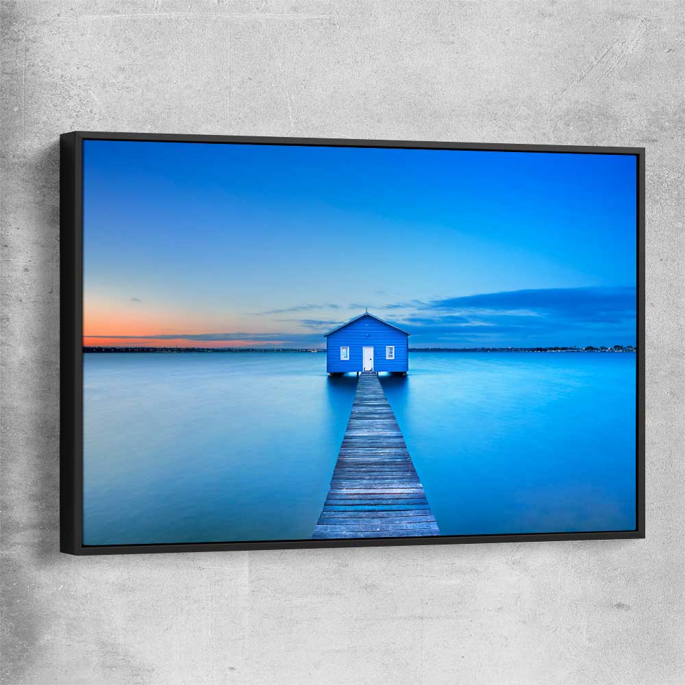 Beach and coastal wall art print of Matilda Bay Boathouse with black framed canvas