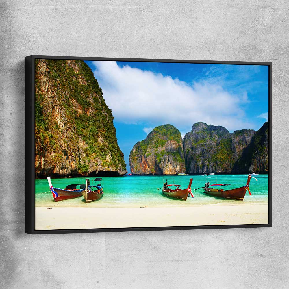 Beach and coastal wall art print of Maya Bay Beach with black framed canvas