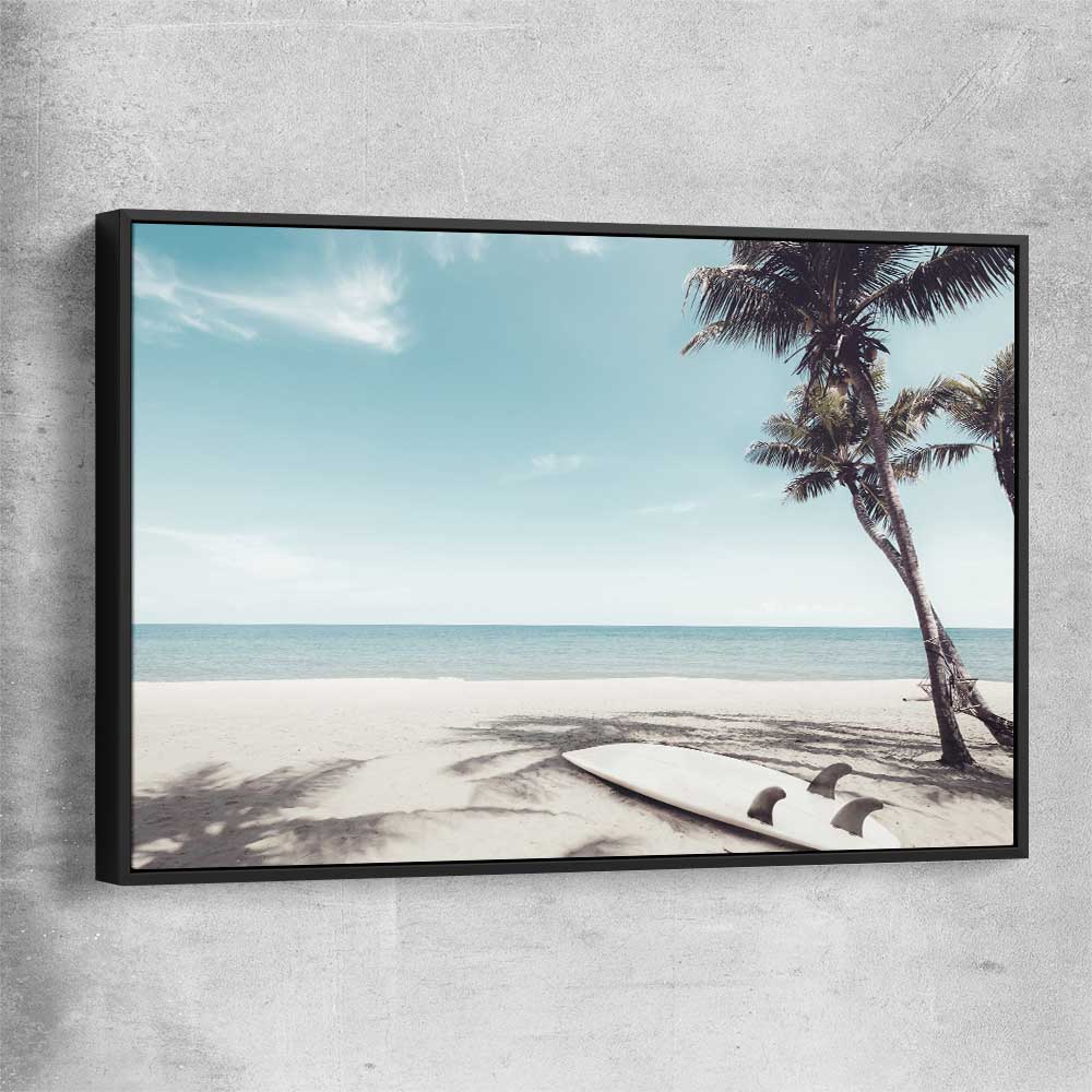 Beach and coastal wall art print of Palm Tropics with black framed canvas