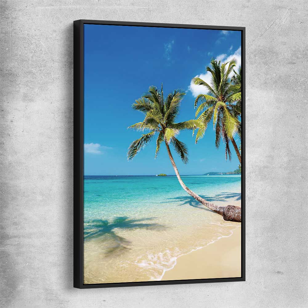 Beach and coastal wall art print of Paradise Palms with black framed canvas