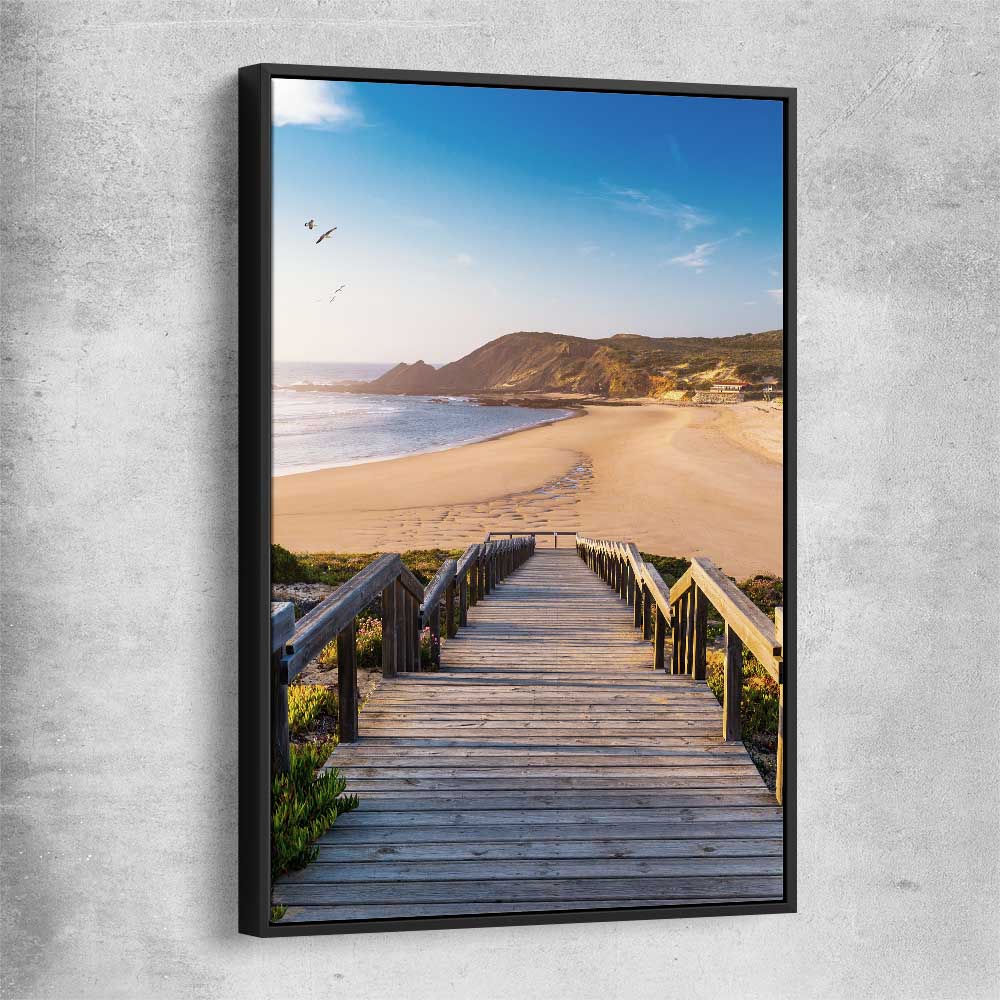 Beach and coastal wall art print of Paradise Walkway with black framed canvas