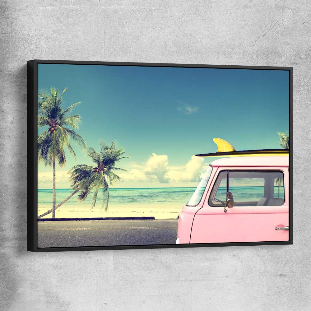 Beach and coastal wall art print of Pink Combi Surf with black framed canvas