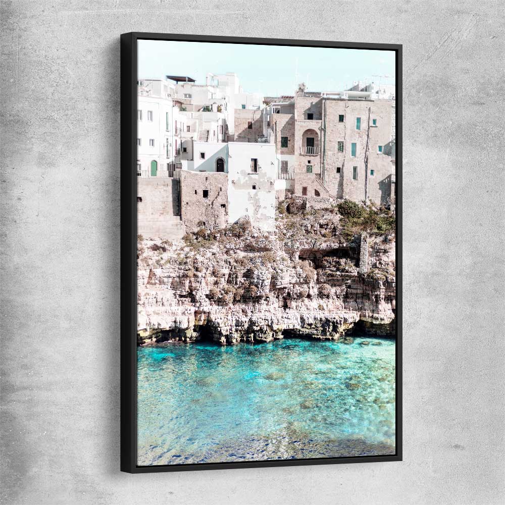 Beach and coastal wall art print of Polignano a Mare with black framed canvas
